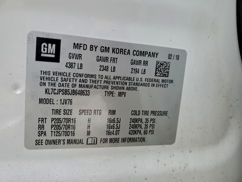 Продаж на аукціоні авто 2018 Chevrolet Trax 1lt, vin: KL7CJPSB5JB648633, номер лоту: 95687805