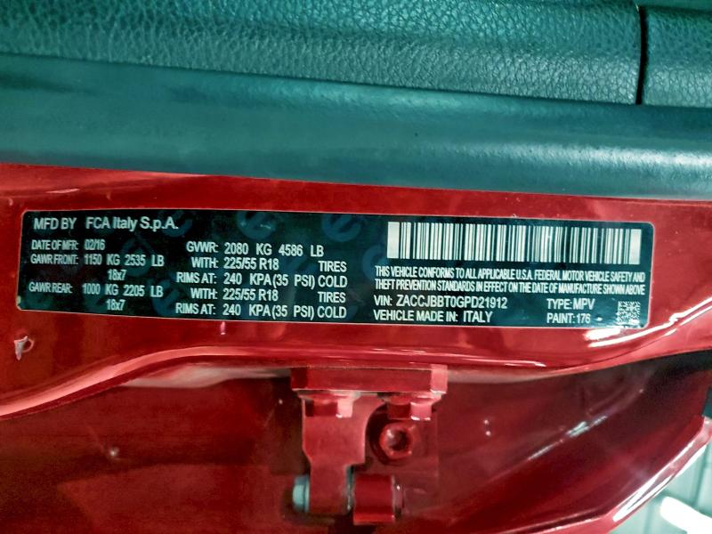 2016 Jeep Renegade L მანქანა იყიდება აუქციონზე, vin: ZACCJBBT0GPD21912, აუქციონის ნომერი: 96503635