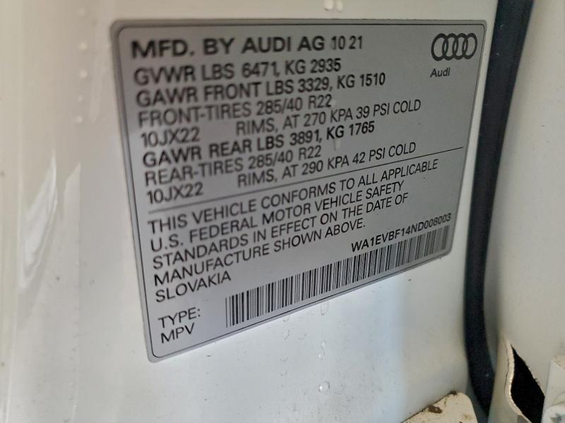 Продаж на аукціоні авто 2022 Audi Q8, vin: WA1EVBF14ND008003, номер лоту: 95930065