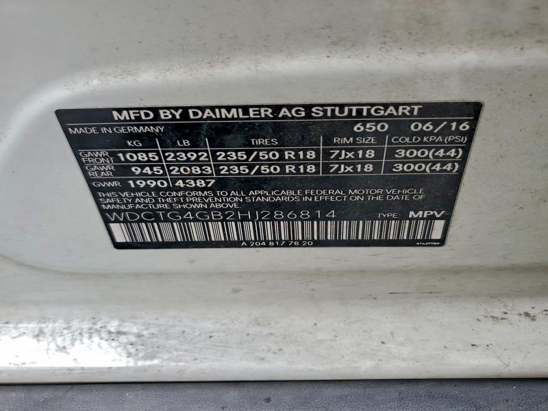 2017 Mercedes-benz Gla მანქანა იყიდება აუქციონზე, vin: WDCTG4GB2HJ286814, აუქციონის ნომერი: 94905685