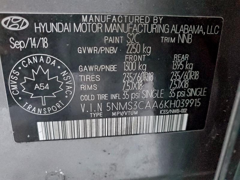 2019 Hyundai Santa Fe S მანქანა იყიდება აუქციონზე, vin: 5NMS3CAA6KH039915, აუქციონის ნომერი: 96849395
