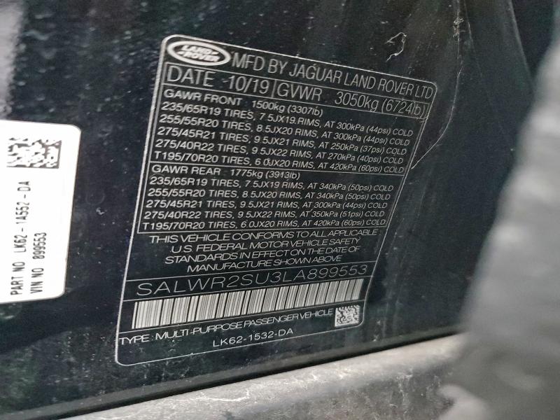 Aukcja sprzedaży 2020 Land Rover Range Rove, vin: SALWR2SU3LA899553, numer aukcji: 99138415