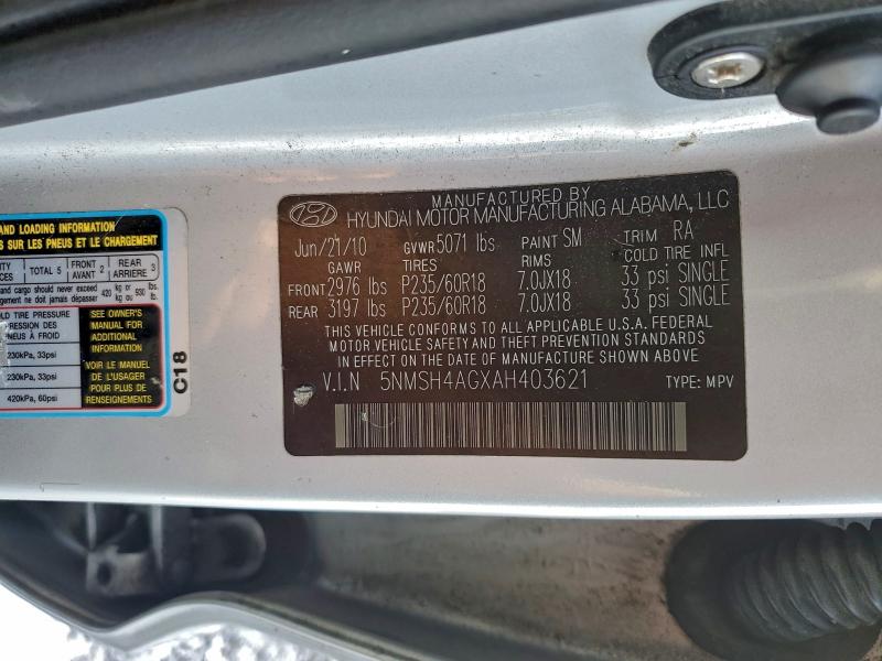 Продаж на аукціоні авто 2010 Hyundai Santa Fe, vin: 5NMSH4AGXAH403621, номер лоту: 97355935