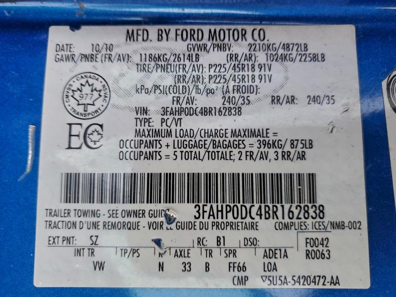 94226755 :رقم المزاد ، 3FAHP0DC4BR162838 vin ، 2011 Ford Fusion مزاد بيع
