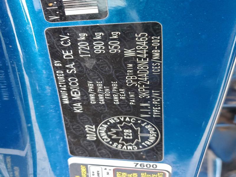 Aukcja sprzedaży 2022 Kia Forte Fe, vin: 3KPF24AD8NE448465, numer aukcji: 97611835