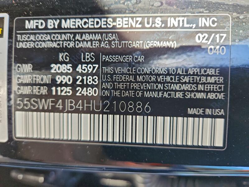 2017 Mercedes-benz C მანქანა იყიდება აუქციონზე, vin: 55SWF4JB4HU210886, აუქციონის ნომერი: 96752045