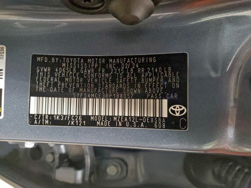 2024 Toyota Corolla Se მანქანა იყიდება აუქციონზე, vin: 5YFS4MCE3RP188057, აუქციონის ნომერი: 99179405