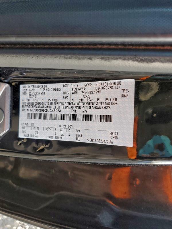2016 Ford Escape მანქანა იყიდება აუქციონზე, vin: 1FMCU0G99GUC45268, აუქციონის ნომერი: 94389035