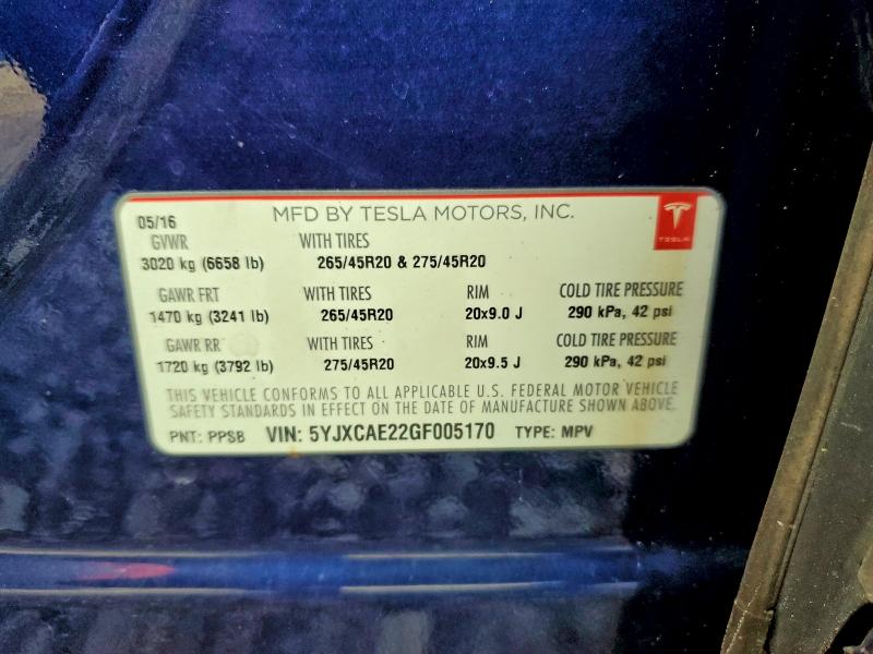 94463905 :رقم المزاد ، 5YJXCAE22GF005170 vin ، 2016 Tesla Model X مزاد بيع
