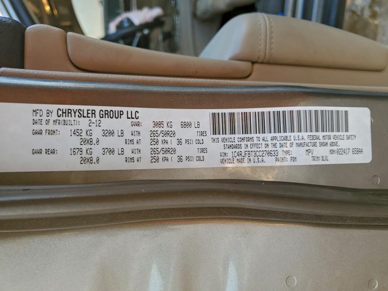 96594545 :رقم المزاد ، 1C4RJFBT3CC270633 vin ، 2012 Jeep Grand Cherokee مزاد بيع