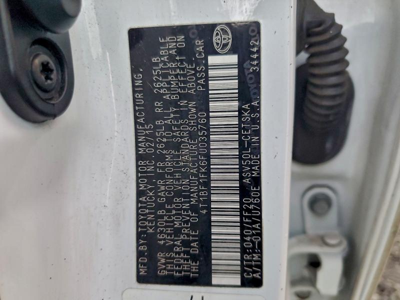 2015 Toyota Camry მანქანა იყიდება აუქციონზე, vin: 4T1BF1FK6FU035760, აუქციონის ნომერი: 96825265