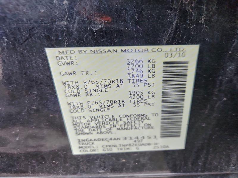 98150865 :رقم المزاد ، 1N6AA0EC4AN314451 vin ، 2010 Nissan Titan Xe مزاد بيع