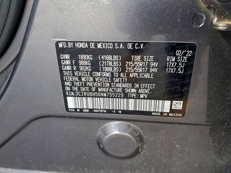 2022 Honda Hr-v მანქანა იყიდება აუქციონზე, vin: 3CZRU6H56NM755229, აუქციონის ნომერი: 94754545