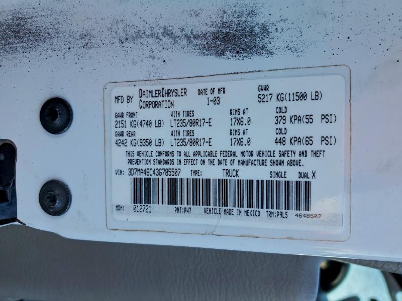 2003 Dodge Ram 3500 მანქანა იყიდება აუქციონზე, vin: 3D7MA46C43G785507, აუქციონის ნომერი: 96781725