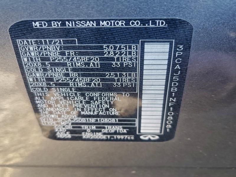 97615495 :رقم المزاد ، 3PCAJ5DB1NF108081 vin ، 2022 Infiniti Qx50 مزاد بيع