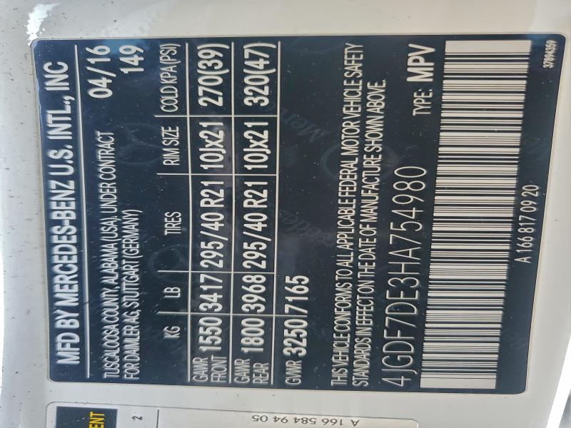 92810625 :رقم المزاد ، 4JGDF7DE3HA754980 vin ، 2017 Mercedes-benz Gls مزاد بيع