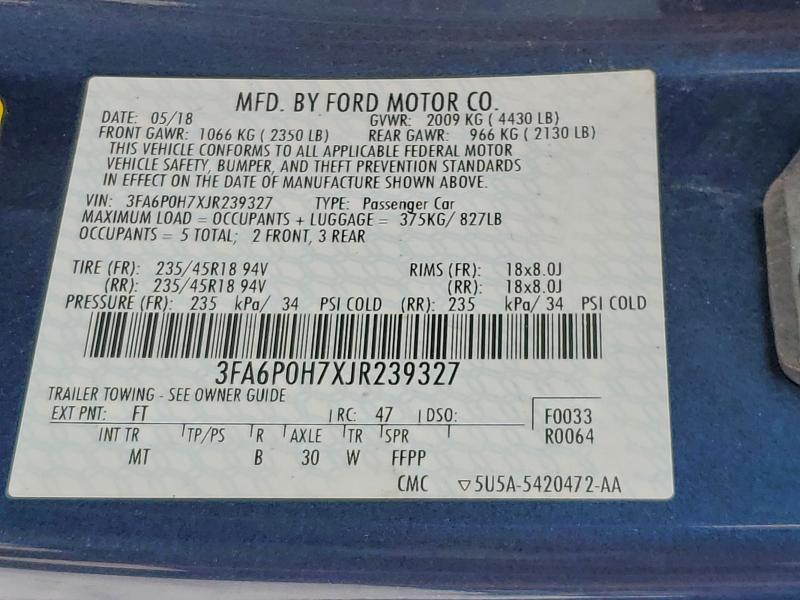 94028675 :رقم المزاد ، 3FA6P0H7XJR239327 vin ، 2018 Ford Fusion مزاد بيع