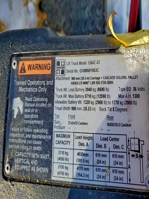 94310075 :رقم المزاد ، G108N01963C vin ، 2005 Hyster E60z-33 مزاد بيع