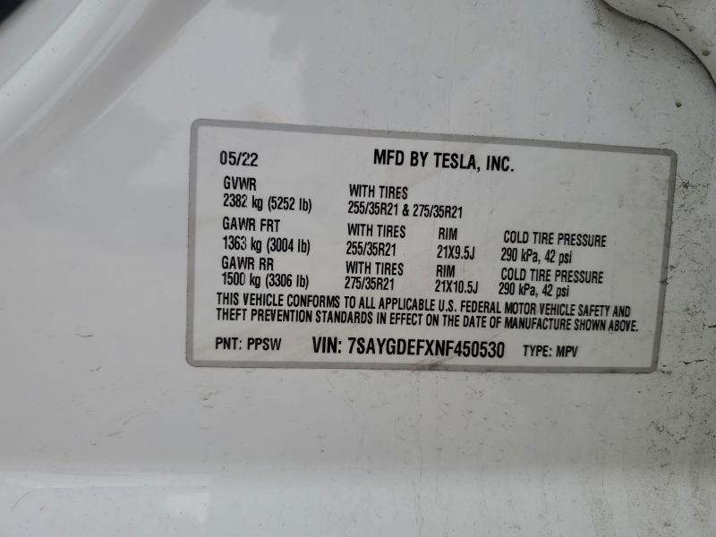 94883575 :رقم المزاد ، 7SAYGDEFXNF450530 vin ، 2022 Tesla Model Y مزاد بيع