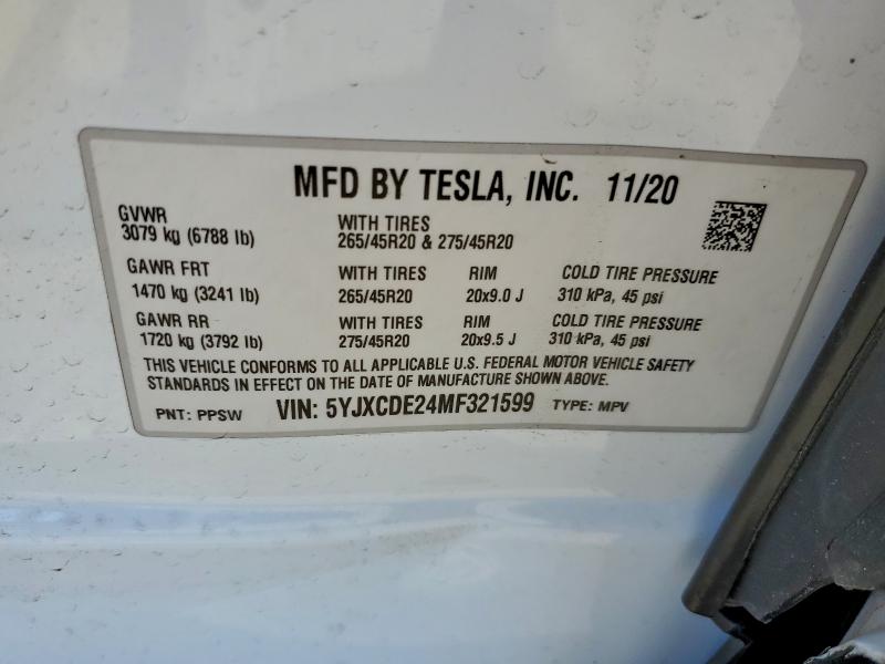 Aukcja sprzedaży 2021 Tesla Model X, vin: 5YJXCDE24MF321599, numer aukcji: 94109945