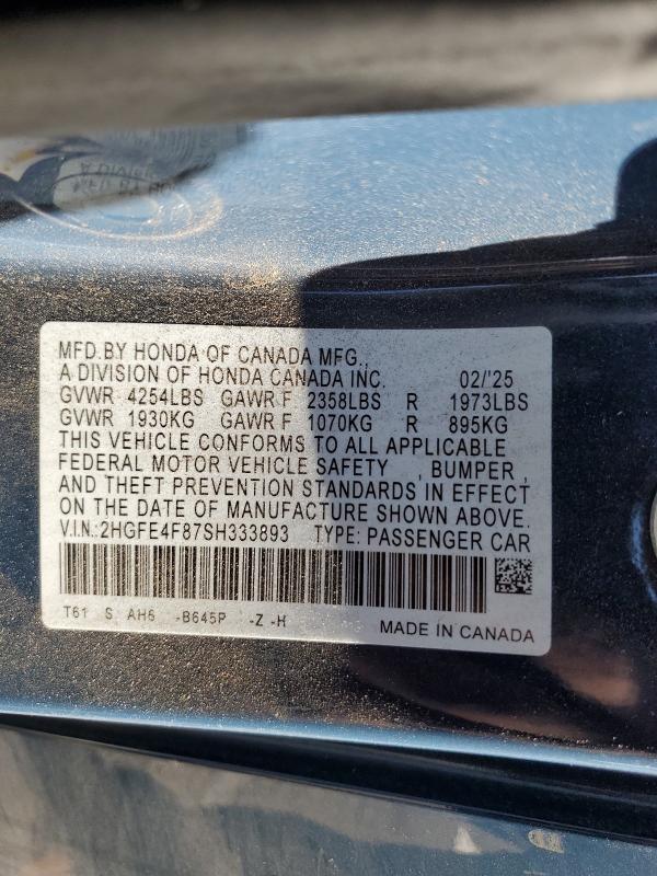 Продажа на аукционе авто 2025 Honda Civic, vin: 2HGFE4F87SH333893, номер лота: 97166965