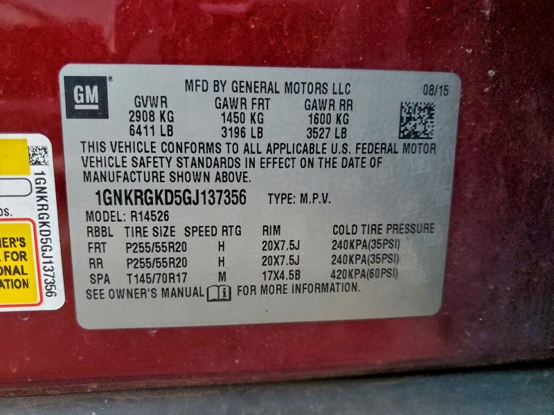 2016 Chevrolet Traverse L მანქანა იყიდება აუქციონზე, vin: 1GNKRGKD5GJ137356, აუქციონის ნომერი: 95664265