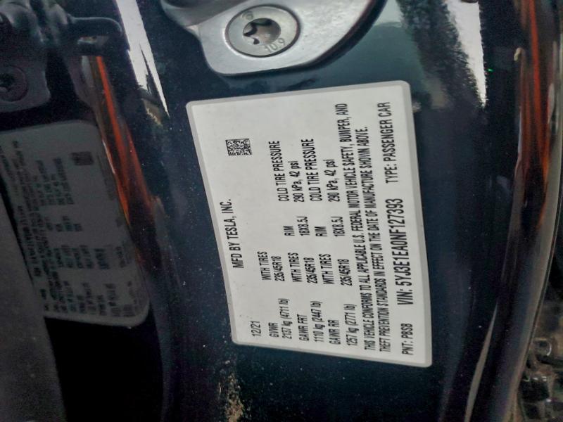2022 Tesla Model 3 მანქანა იყიდება აუქციონზე, vin: 5YJ3E1EA0NF127393, აუქციონის ნომერი: 96731465