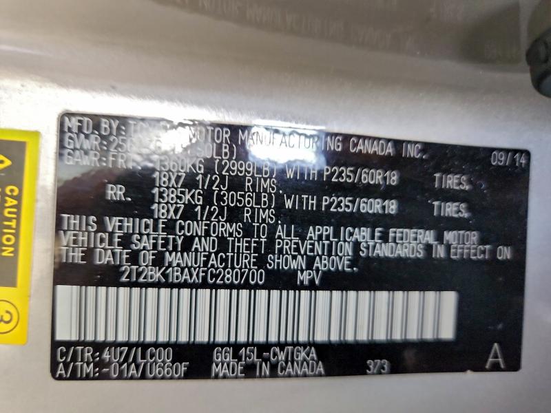 96815975 :رقم المزاد ، 2T2BK1BAXFC280700 vin ، 2015 Lexus Rx 350 مزاد بيع