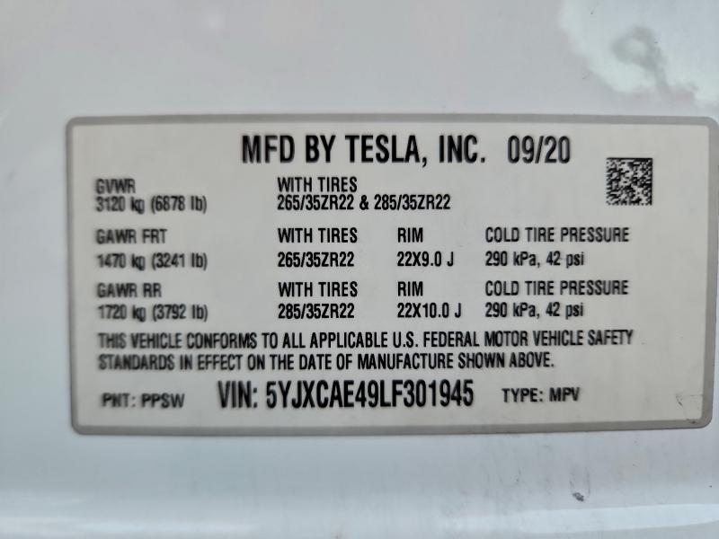 Продажа на аукционе авто 2020 Tesla Model X, vin: 5YJXCAE49LF301945, номер лота: 94201285