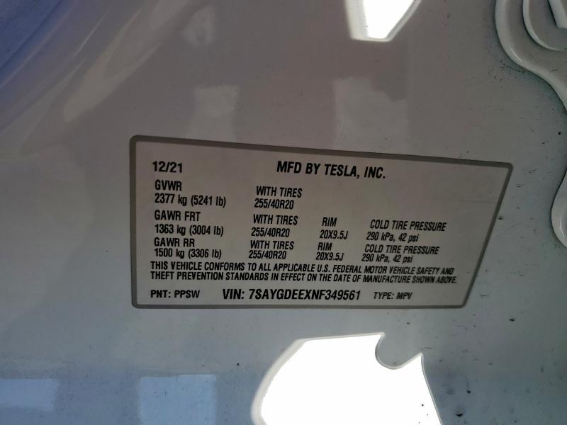 96842015 :رقم المزاد ، 7SAYGDEEXNF349561 vin ، 2022 Tesla Model Y مزاد بيع