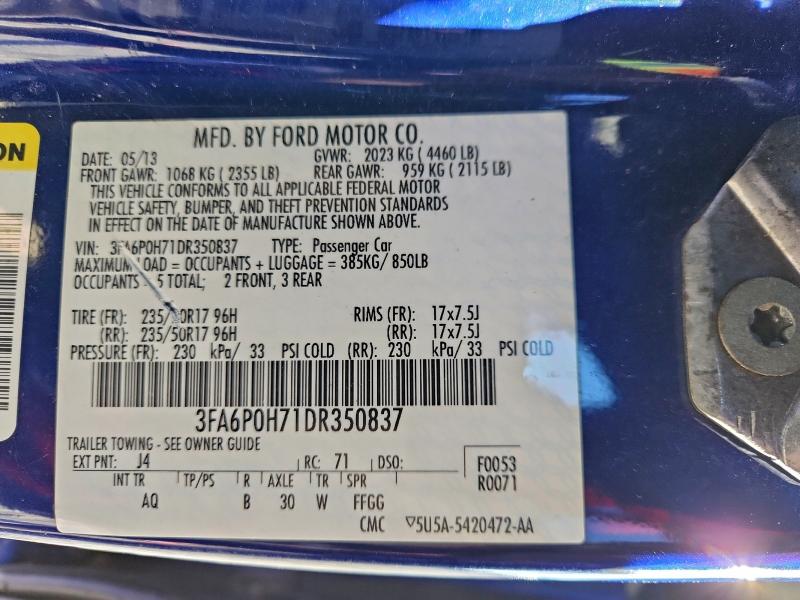 2013 Ford Fusion მანქანა იყიდება აუქციონზე, vin: 3FA6P0H71DR350837, აუქციონის ნომერი: 98088975