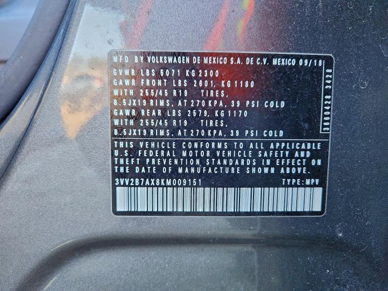 96355045 :رقم المزاد ، 3VV2B7AX8KM009151 vin ، 2019 Volkswagen Tiguan مزاد بيع