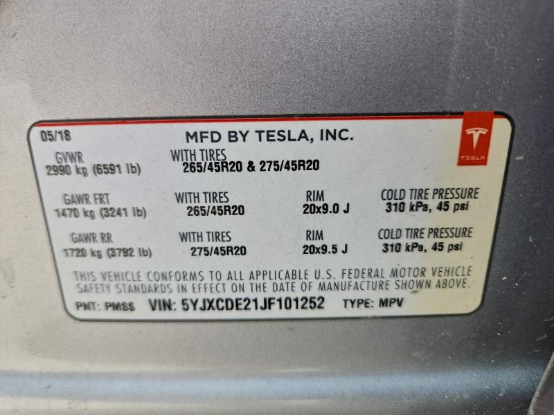 2018 Tesla Model X მანქანა იყიდება აუქციონზე, vin: 5YJXCDE21JF101252, აუქციონის ნომერი: 97760545