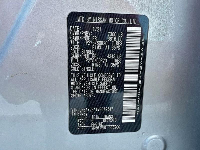 2021 Nissan Armada Sl მანქანა იყიდება აუქციონზე, vin: JN8AY2BA1M9372547, აუქციონის ნომერი: 96801485