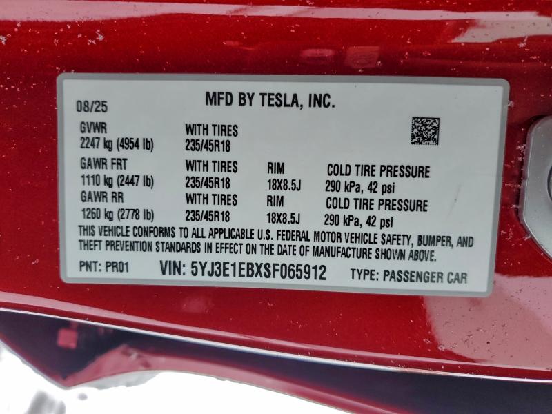 Продажа на аукционе авто 2025 Tesla Model 3, vin: 5YJ3E1EBXSF065912, номер лота: 95139145