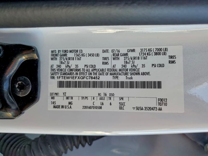 96960385 :رقم المزاد ، 1FTEW1EFXGFC78452 vin ، 2016 Ford F150 مزاد بيع