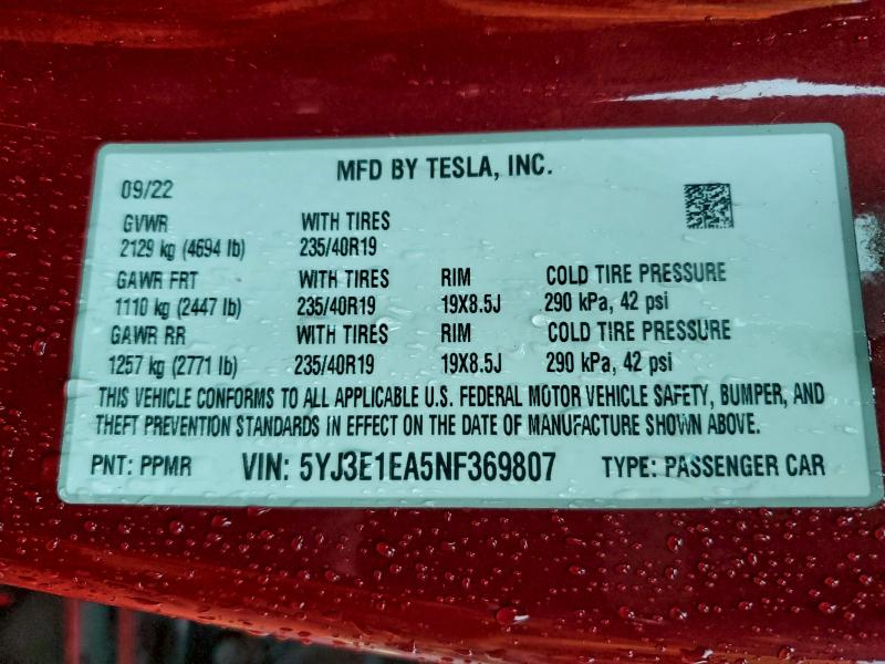 Продаж на аукціоні авто 2022 Tesla Model 3, vin: 5YJ3E1EA5NF369807, номер лоту: 96155965