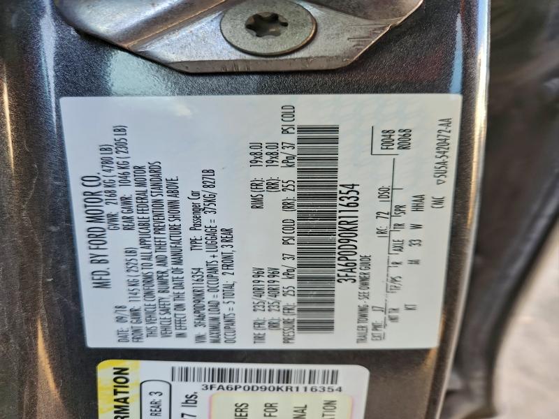 2019 Ford Fusion მანქანა იყიდება აუქციონზე, vin: 3FA6P0D90KR116354, აუქციონის ნომერი: 95784645