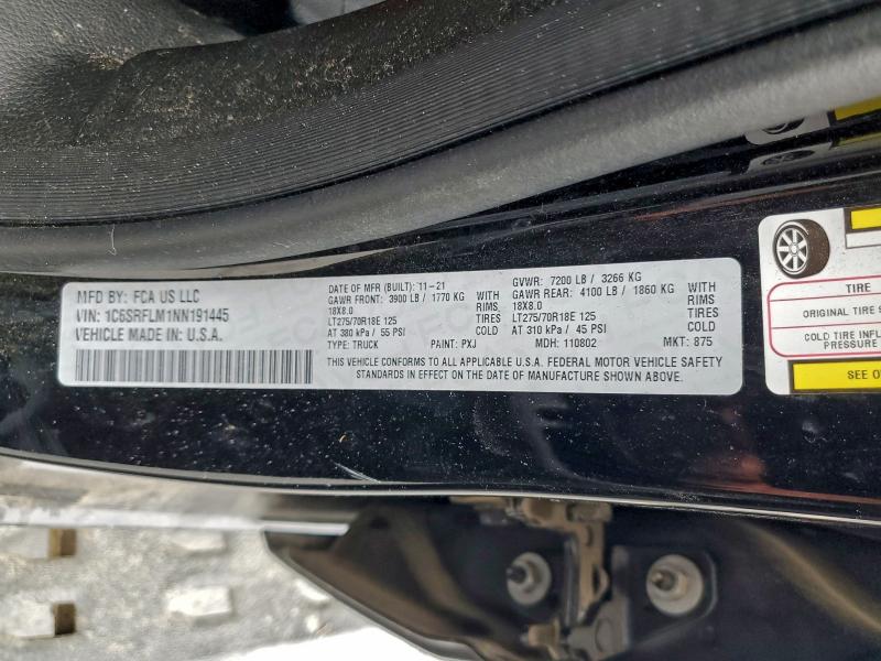 95491135 :رقم المزاد ، 1C6SRFLM1NN191445 vin ، 2022 Ram 1500 مزاد بيع