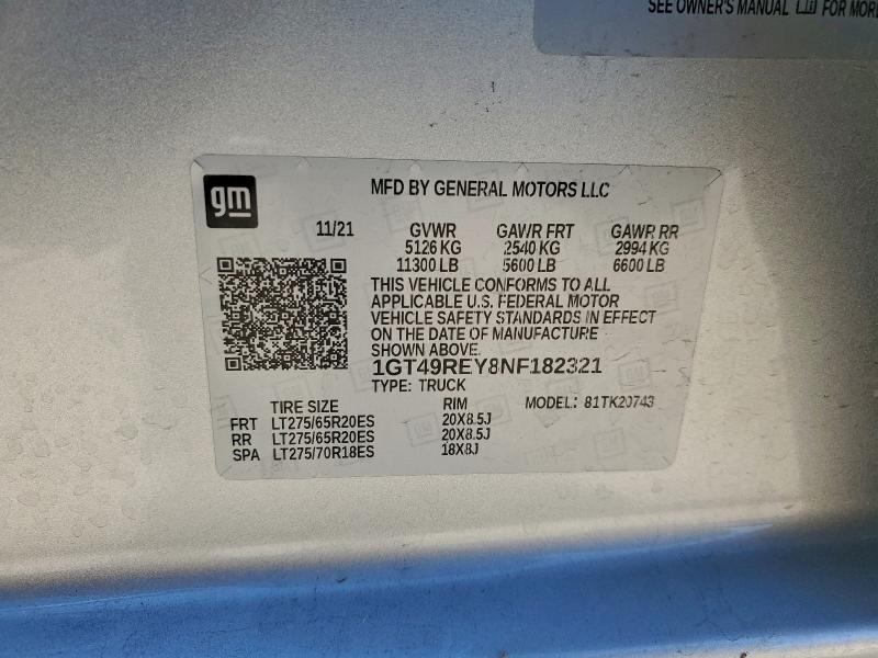 Продаж на аукціоні авто 2022 Gmc Sierra K25, vin: 1GT49REY8NF182321, номер лоту: 77683495