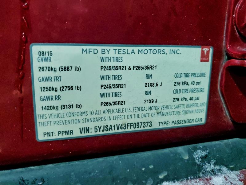 94986965 :رقم المزاد ، 5YJSA1V43FF097373 vin ، 2015 Tesla Model S P9 مزاد بيع