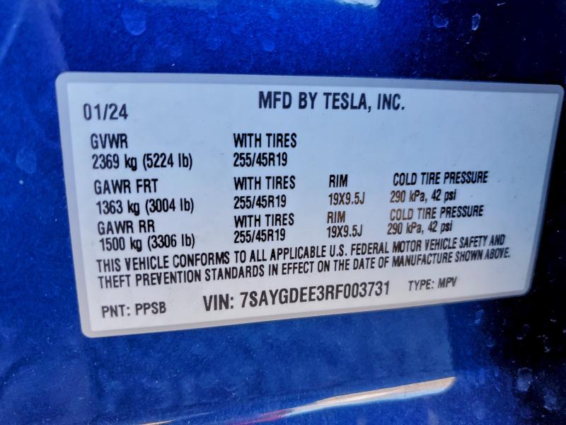 Продажа на аукционе авто 2024 Tesla Model Y, vin: 7SAYGDEE3RF003731, номер лота: 95906715
