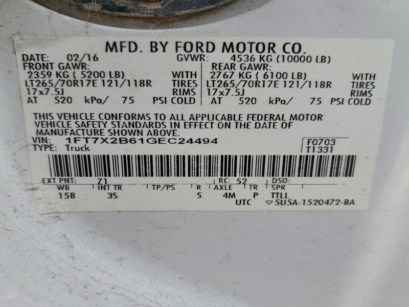 Продаж на аукціоні авто 2016 Ford F250, vin: 1FT7X2B61GEC24494, номер лоту: 96073185