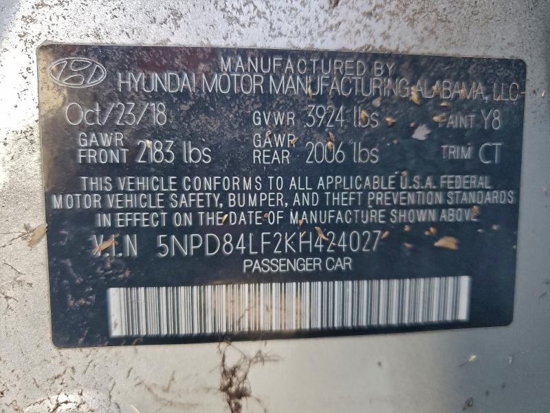 96674695 :رقم المزاد ، 5NPD84LF2KH424027 vin ، 2019 Hyundai Elantra مزاد بيع
