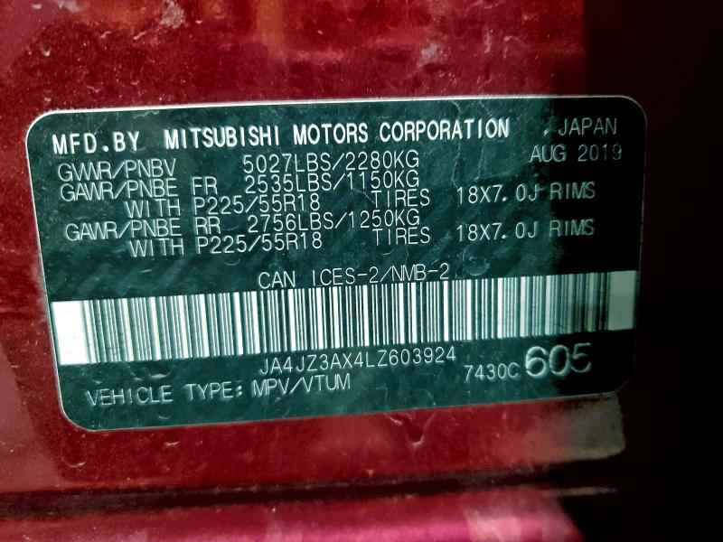 96028595 :رقم المزاد ، JA4JZ3AX4LZ603924 vin ، 2020 Mitsubishi Outlander مزاد بيع