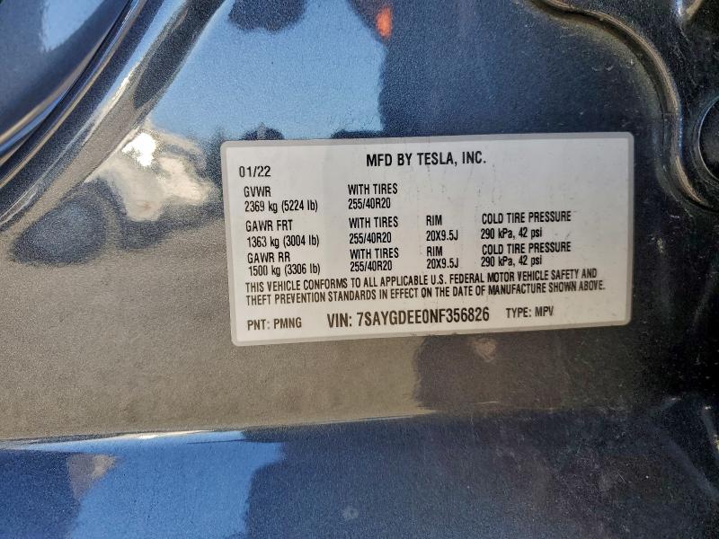 Aukcja sprzedaży 2022 Tesla Model Y, vin: 7SAYGDEE0NF356826, numer aukcji: 96610045