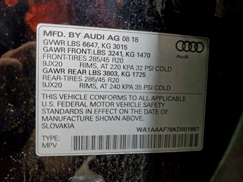 Aukcja sprzedaży 2019 Audi Q7 Premium, vin: WA1AAAF78KD001897, numer aukcji: 95463165