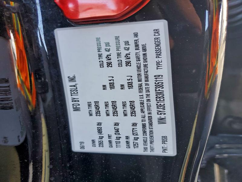 97427165 :رقم المزاد ، 5YJ3E1EB3KF385119 vin ، 2019 Tesla Model 3 مزاد بيع