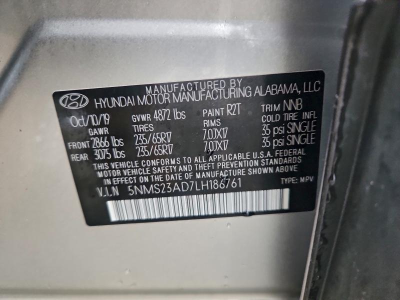 2020 Hyundai Santa Fe მანქანა იყიდება აუქციონზე, vin: 5NMS23AD7LH186761, აუქციონის ნომერი: 95902935