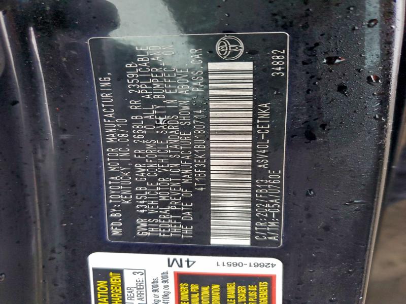 2011 Toyota Camry Base მანქანა იყიდება აუქციონზე, vin: 4T1BF3EK1BU180714, აუქციონის ნომერი: 96010205